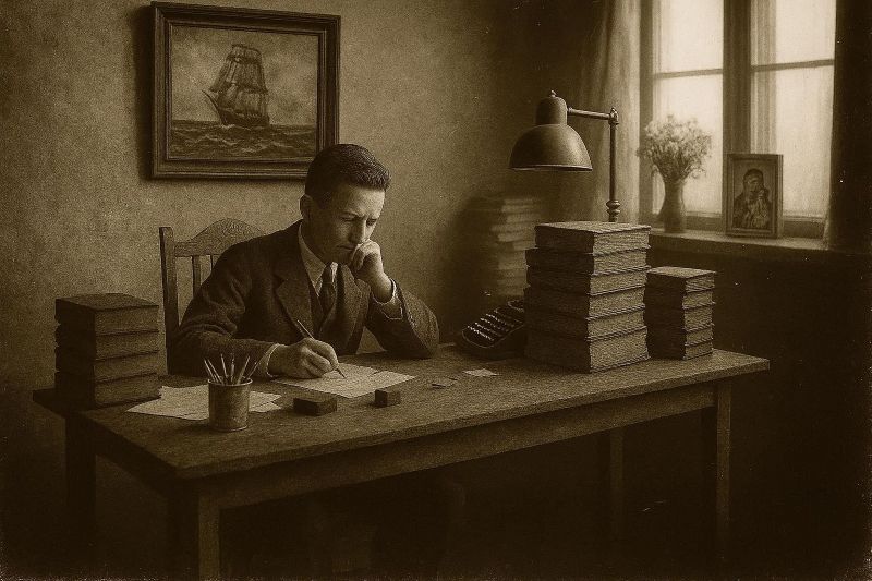 Kuvassa mies kirjoituspöydän ääressä.