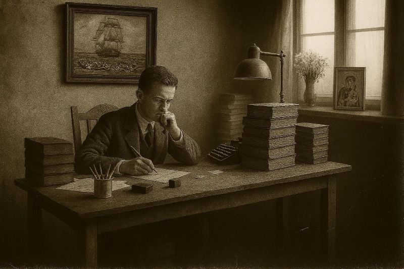 Kuvassa mies kirjoituspöydän ääressä.